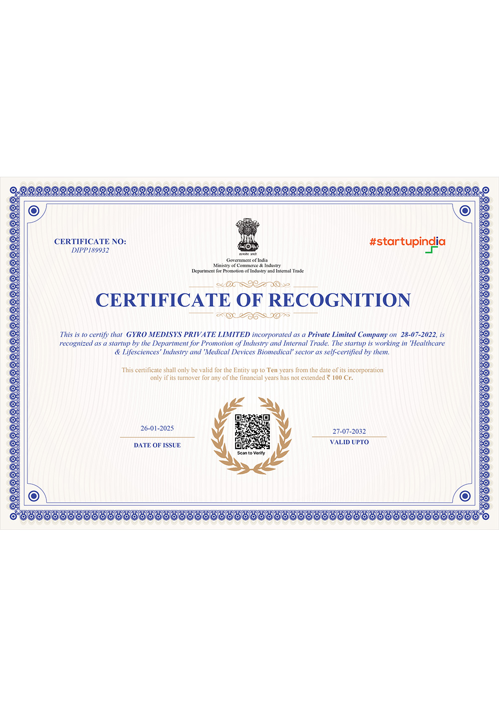 Certificate of Startup India